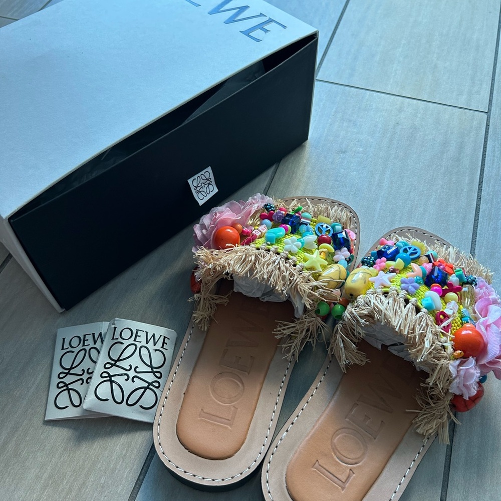 Loewe Beaded Raffia Mule - Multicolor Beaded Fringe Sandals